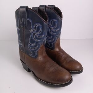 Cody James Holt Cowboy Boot Kids 12 Brown Blue Western Rodeo Pull On Embroidered